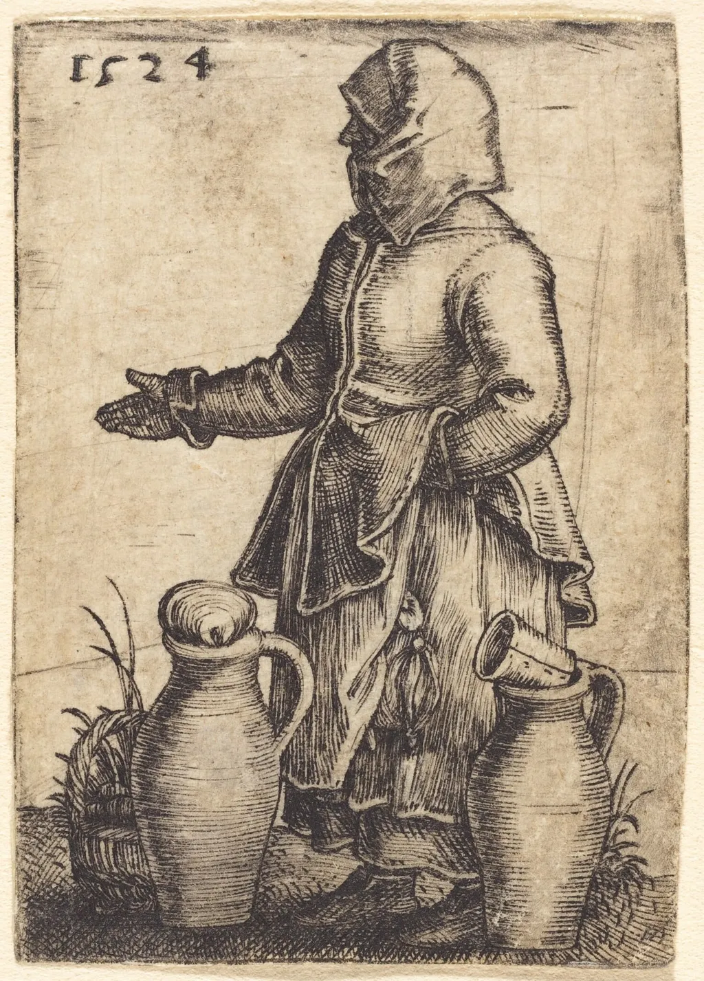 Peasant Woman with Two Jugs, by Barthel Beham, ink, 1524