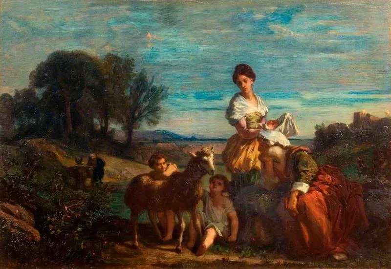 Children Playing with a Lamb, by Barthélemy Menn, unspecified, 1850