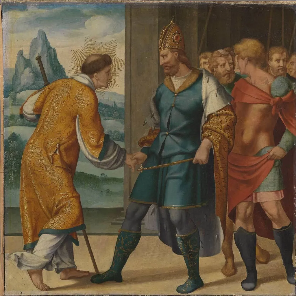 Cyriakus-Folge: Kaiser Diokletian reicht dem hl. Cyriakus die Hand, by Bartholomaeus Bruyn the Elder, unspecified, 1532