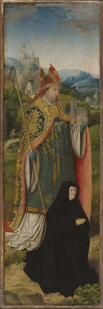 Kreuzigungsaltar: Hl. Bischof (Lambertus von Lüttich?) mit Stifterin, by Bartholomaeus Bruyn the Elder