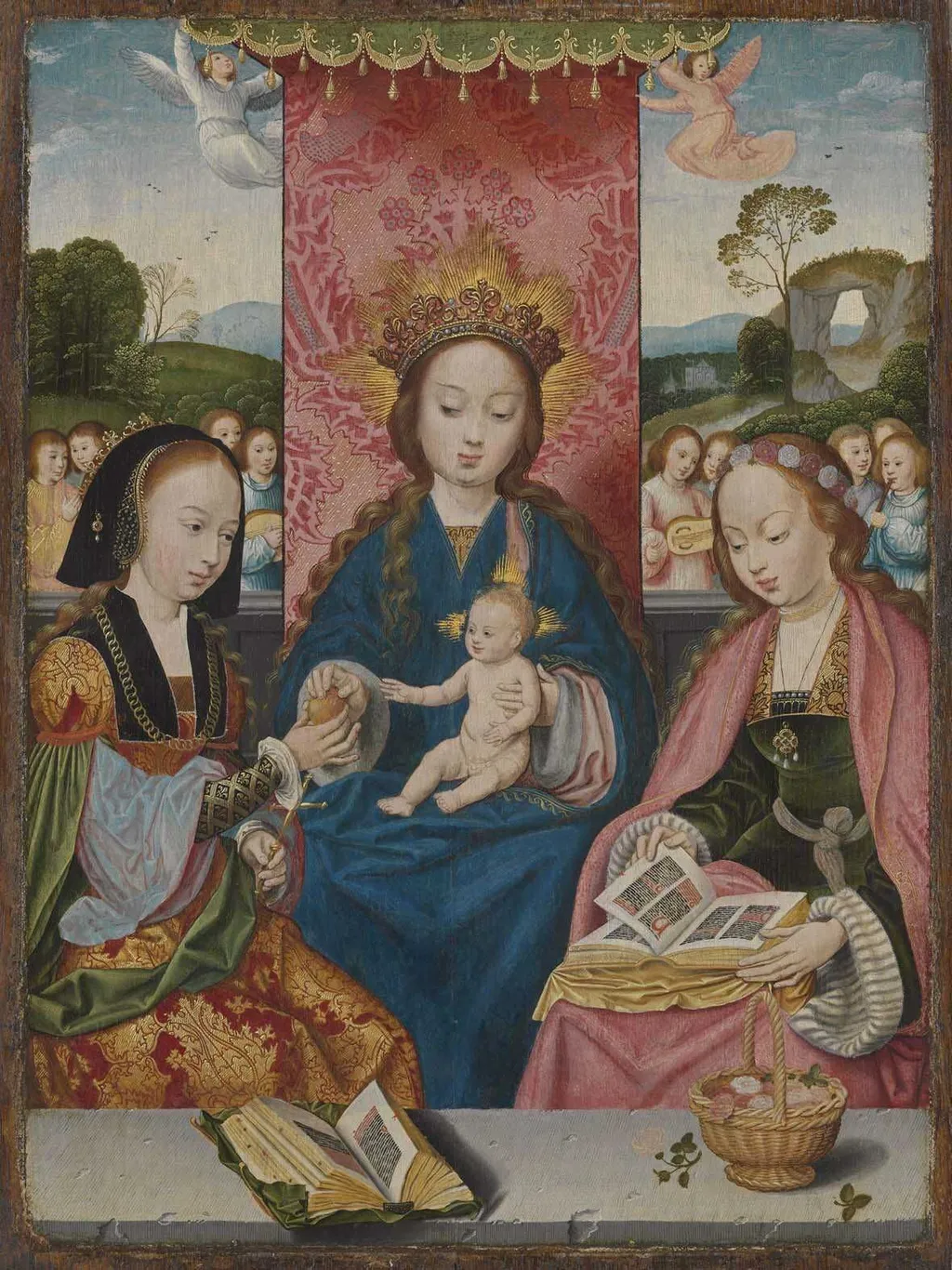 Virgin and Child with Saint Margaret and Dorothy and angels playing music, by Bartholomaeus Bruyn the Elder, oil, 1517
