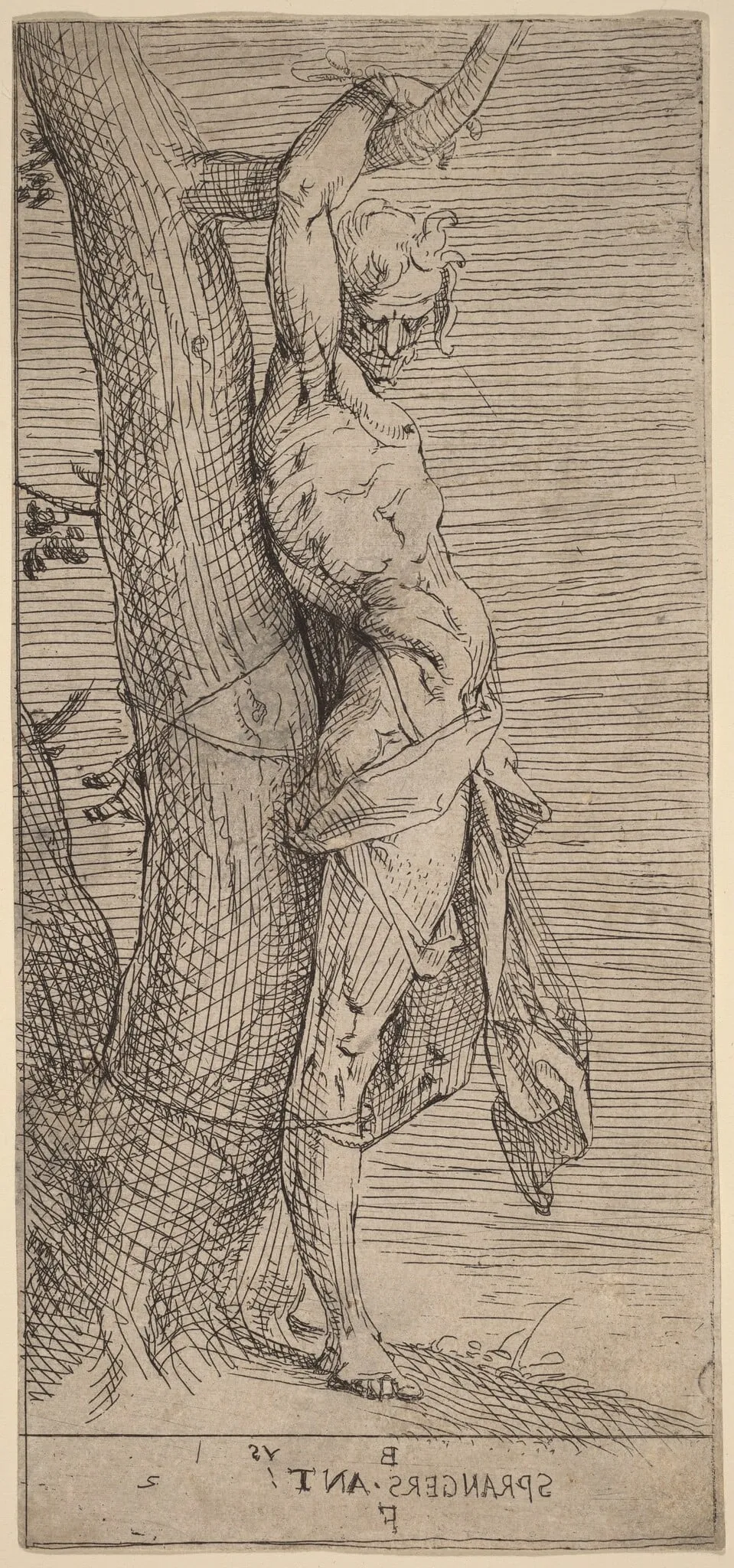 St. Sebastian, Bound to a Tree, by Bartholomaeus Spranger, ink, 1589