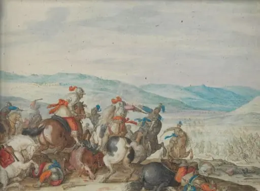 Cavalry Skirmish Mountainous Landscape, by Bartholomäus Dietterlin