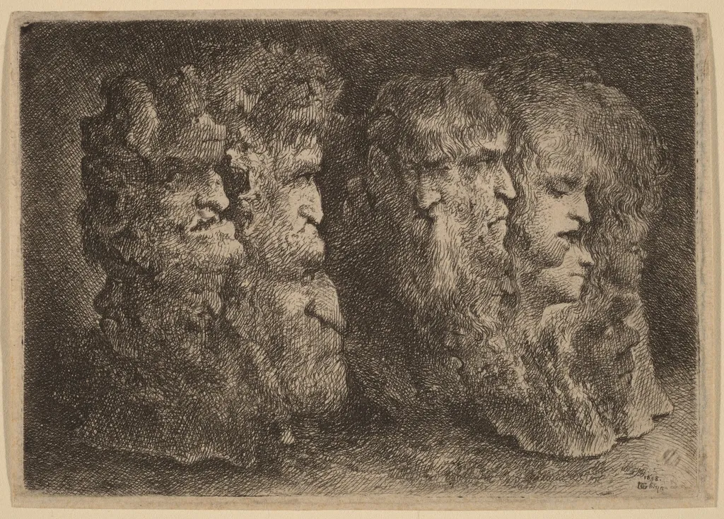 Grotesque Heads, by Bartholomeus Breenbergh, ink, 1638