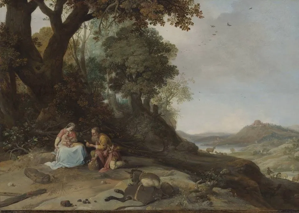 Landschaft mit Ruhe auf der Flucht, by Bartholomeus Breenbergh, oil, 1634