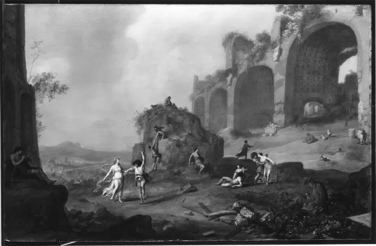 Landschaft mit Ruine der Basilika des Constantin, by Bartholomeus Breenbergh, unspecified, 1638