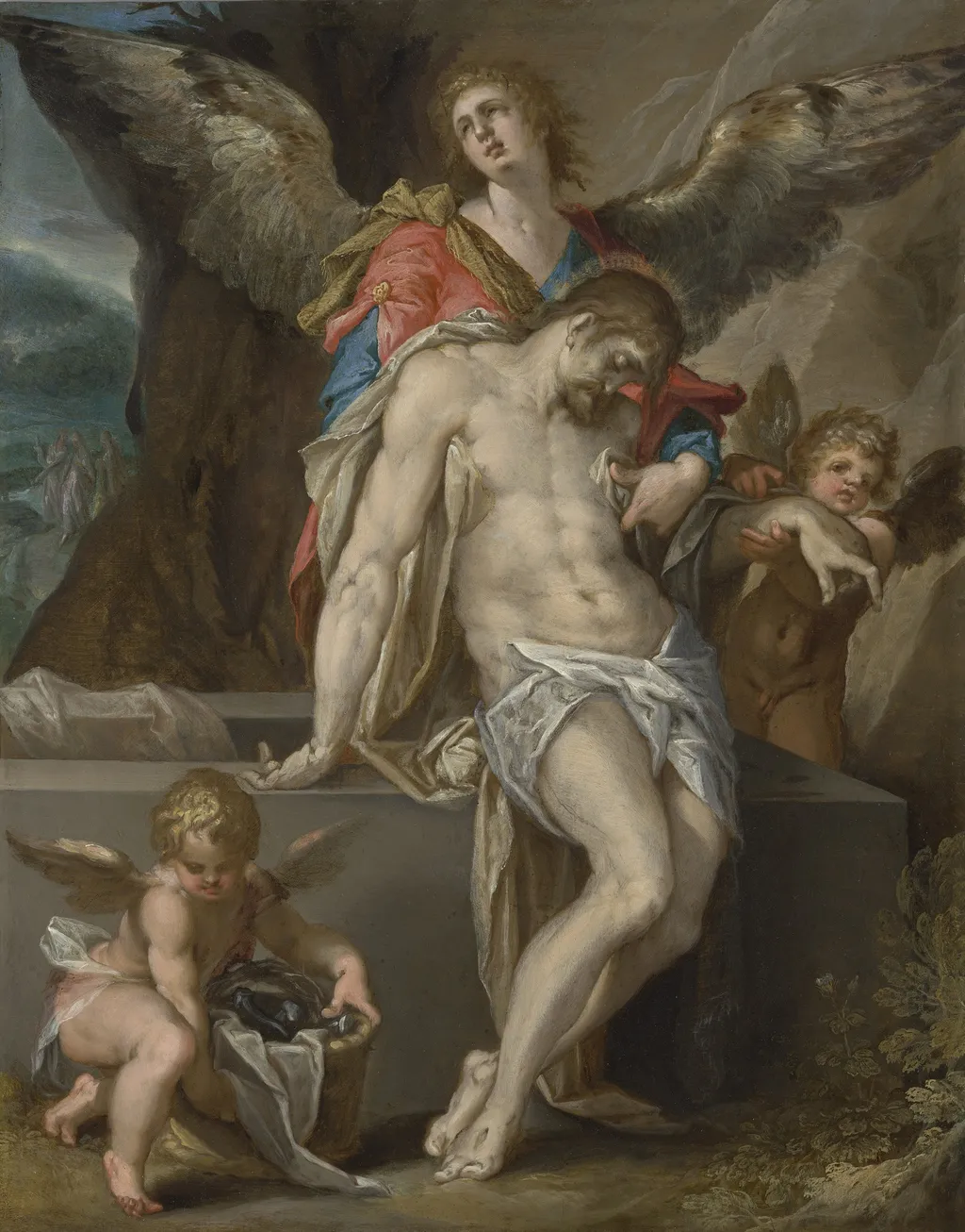 The Body of Christ Supported by Angels, by Bartholomeus Spranger, copper, 1594