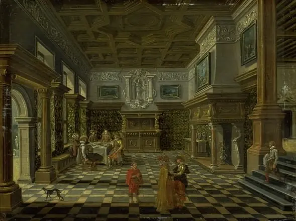Sumptuous renaissance interior with a banquet, by Bartholomeus van Bassen