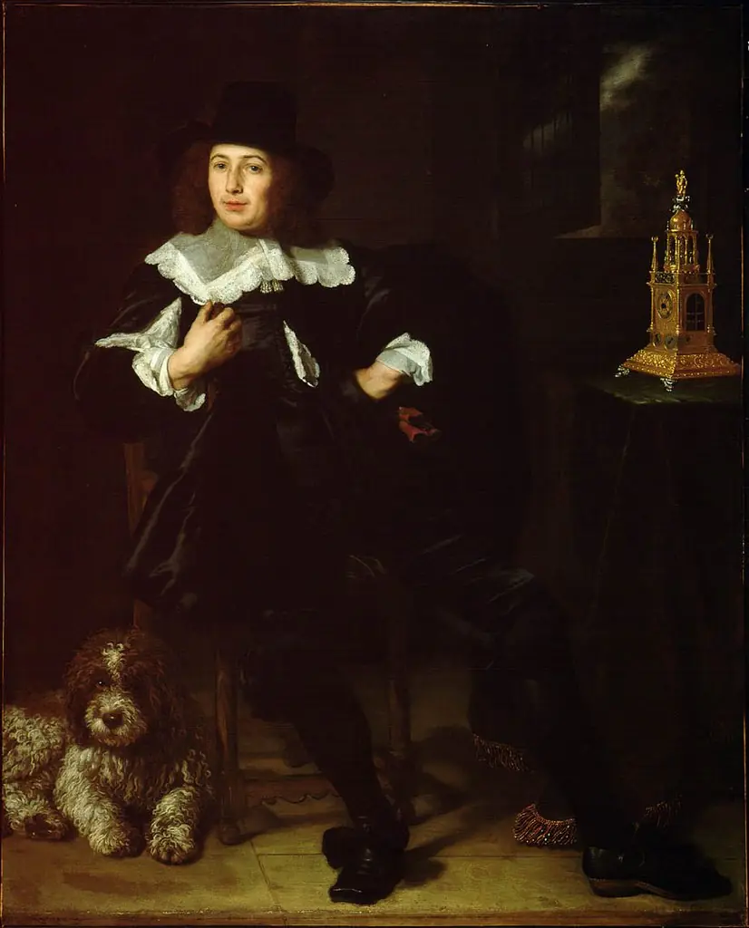 Portrait of a man, possibly Joan Hulft (1610-1677), with a dog, seated at a table with a clock, by Bartholomeus van der Helst