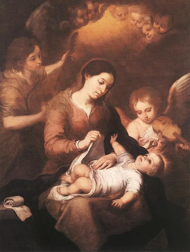 Mary and Child with Angels Playing Music, by Bartolomé Esteban Murillo, oil, 1675