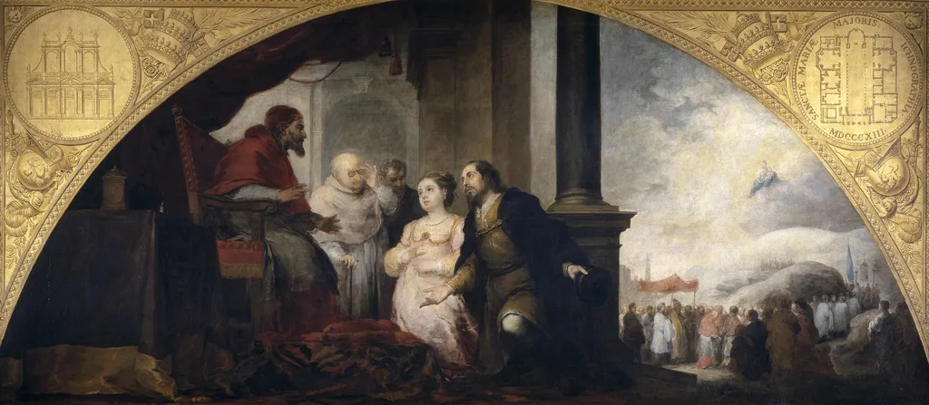 The Foundation of Santa Maria Maggiore in Rome. The Patrician recounts his Dream to the Pope, by Bartolomé Esteban Murillo, oil, 1664