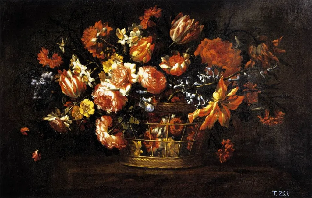 Basket of Flowers, by Bartolomé Pérez, oil, 1675