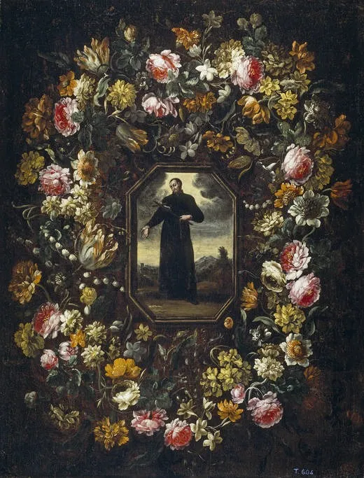 Garland of Flowers with Saint Camillus de Lellis, by Bartolomé Pérez, oil, 1650