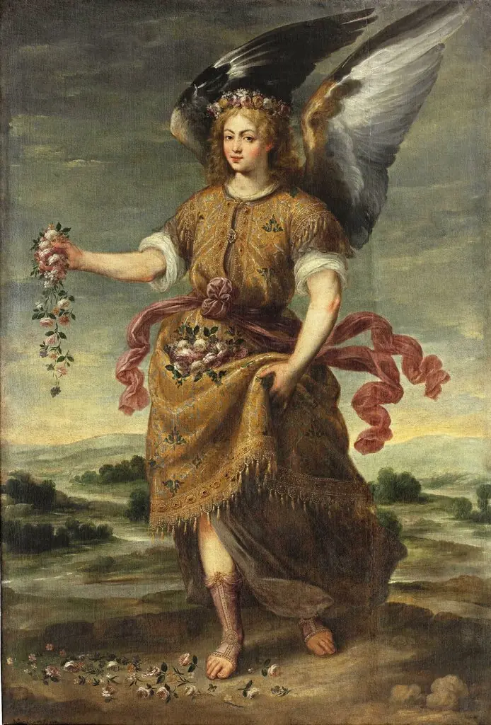 The Archangel Baraquiel scattering flowers, by Bartolomé Román