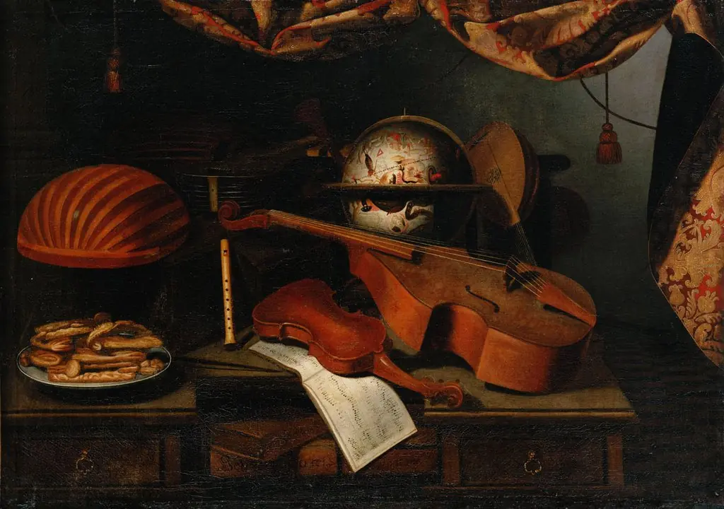 Stilleben mit Musikinstrumenten, Globus und einem Teller mit Gebäck, by Bartolomeo Bettera