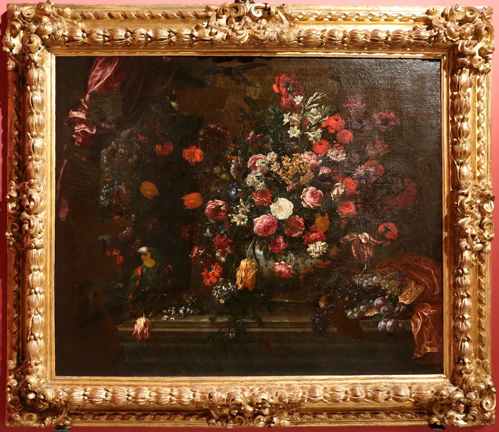 mazzo di fiori con frutti, pappagallo e uno specchio, by Bartolomeo Bimbi, unspecified, 1696