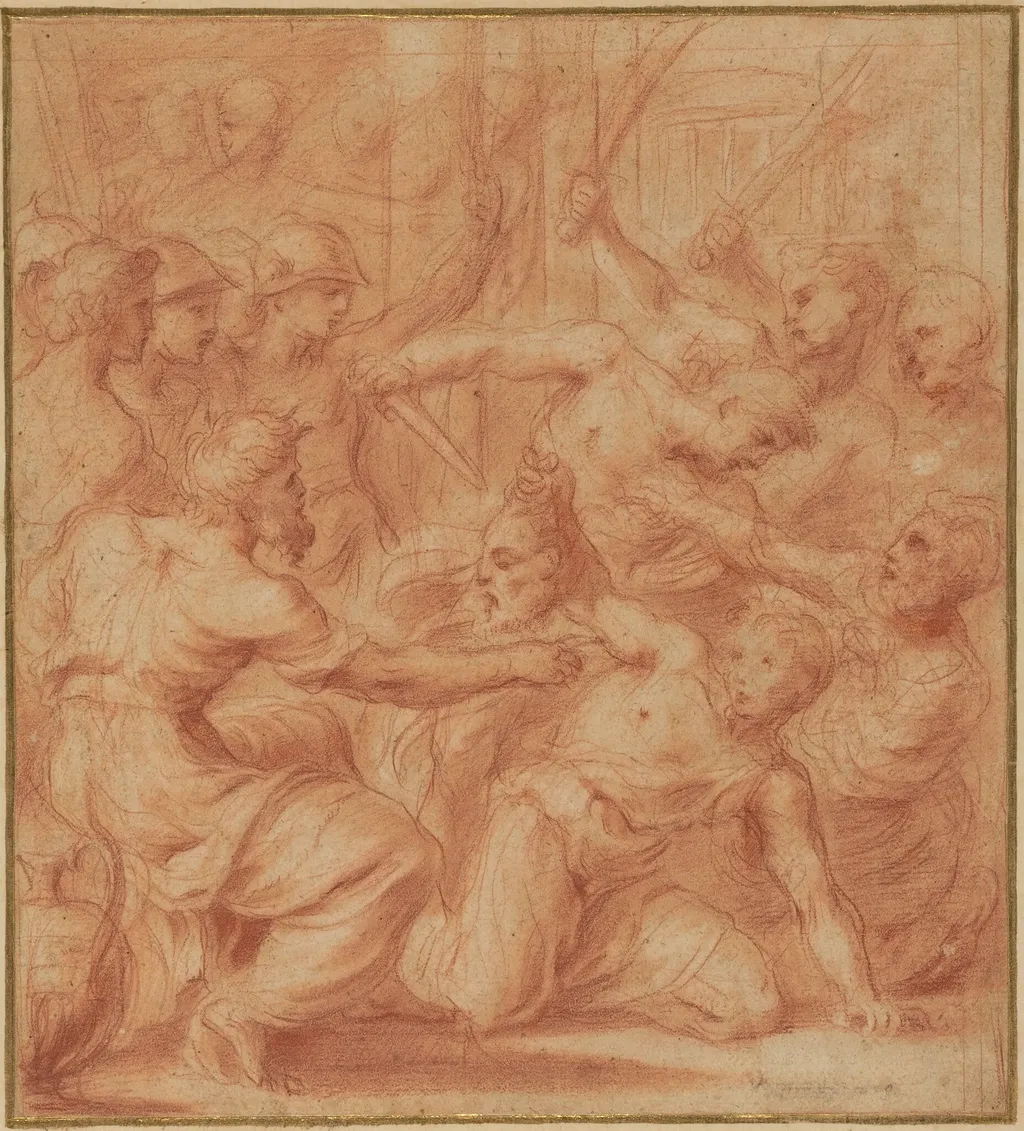 David Offering the Head of Goliath to King Saul, by Bartolomeo Biscaino, chalk, 1654