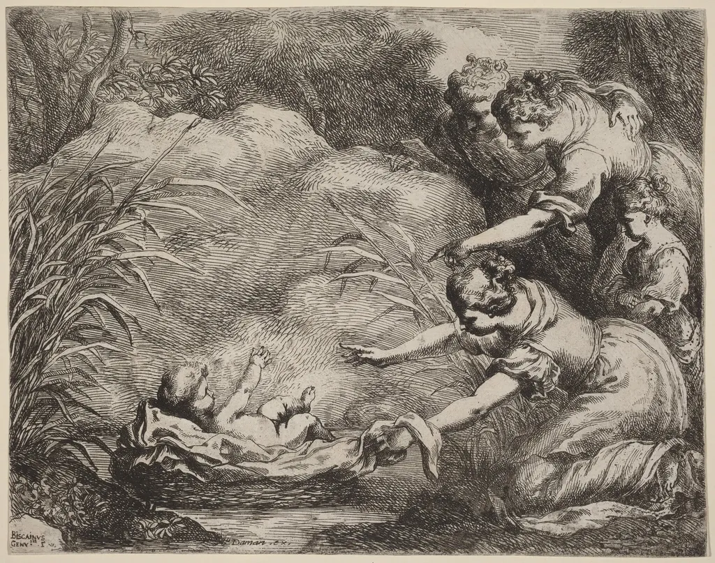 The Finding of Moses, by Bartolomeo Biscaino, ink, 1644