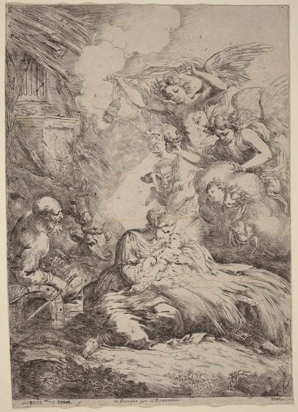 The Holy Family Adored by Angels (The Large Nativity), by Bartolomeo Biscaino, ink, 1644
