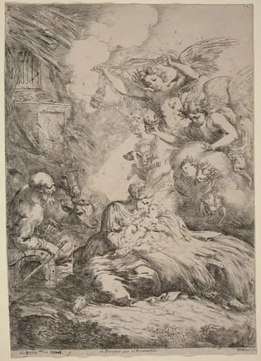 The Holy Family Adored by Angels (The Large Nativity), by Bartolomeo Biscaino