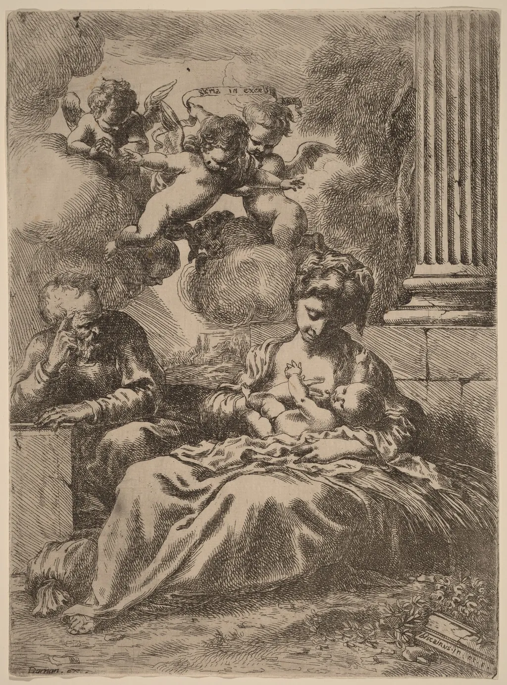 The Holy Family by a Column, by Bartolomeo Biscaino, ink, 1655