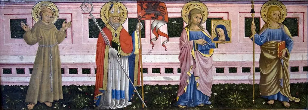 Francis of Assisi, St Herculanus, St Luke and Apostle Jacob the Elder, by Bartolomeo Caporali