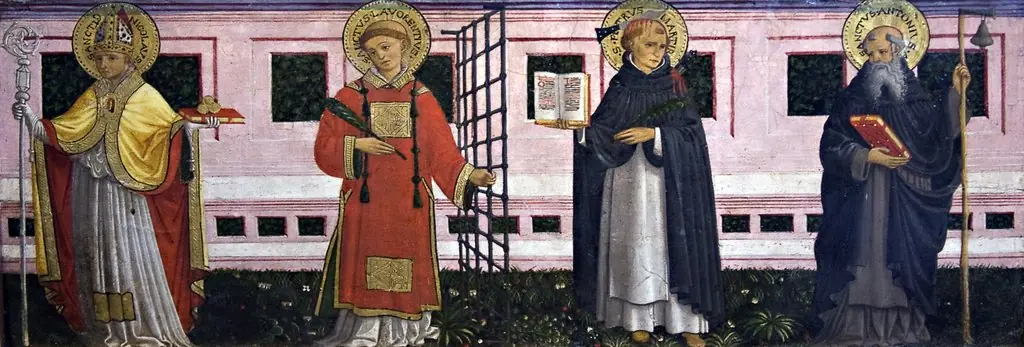 Nicholas, St Lawrence, St Peter Martyr, St Antony the Abbot, by Bartolomeo Caporali