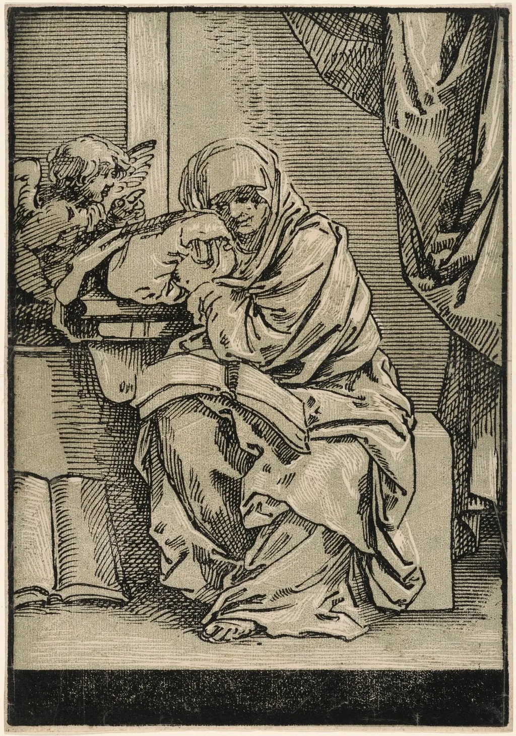 Sibyl with a Book and Winged Putto to the Left, by Bartolomeo Coriolano, ink, 1725