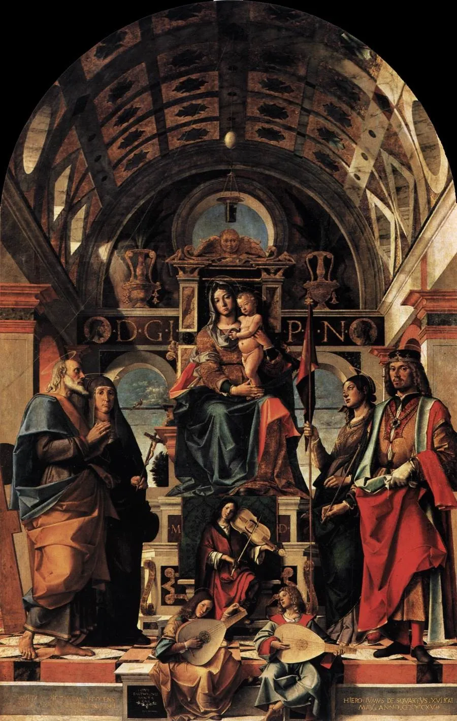 Madonna and Child enthroned with Saints, by Bartolomeo Montagna, oil, 1500