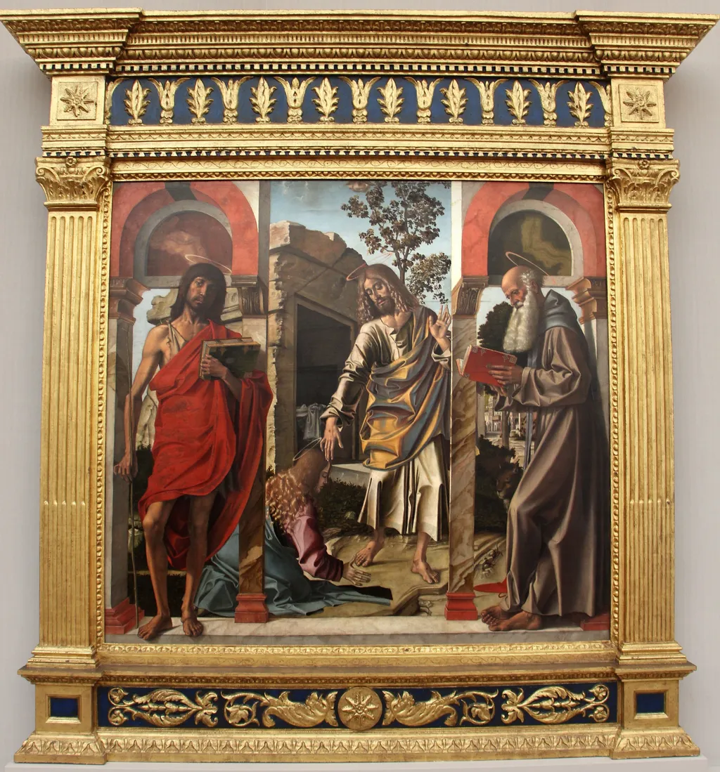 Noli me tangere between Saints John the Baptist and Jeronimo, by Bartolomeo Montagna, paint, 1496