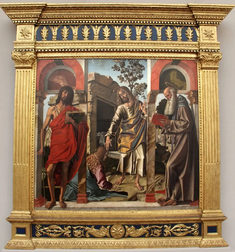 Noli me tangere between Saints John the Baptist and Jeronimo, by Bartolomeo Montagna