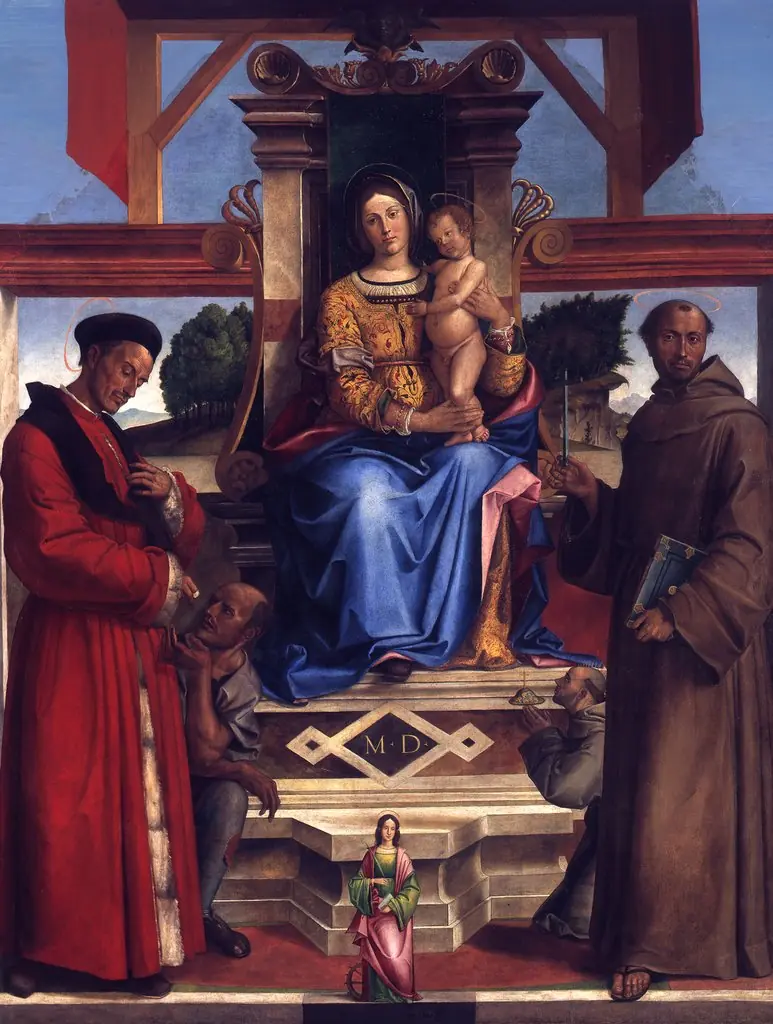 The Virgin and Child Enthroned and St. Homobonus, Francis of Assisi, Catherine of Alexandria and the Donor Bernadino da Feltre (Death 1494), by Bartolomeo Montagna, 1515