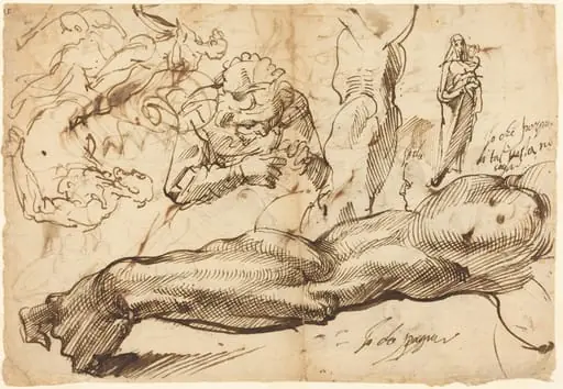Studies of a Left Arm, a Young Woman, a Madonna and Child, a Face in Profile, and Nude Figures, by Bartolomeo Passarotti