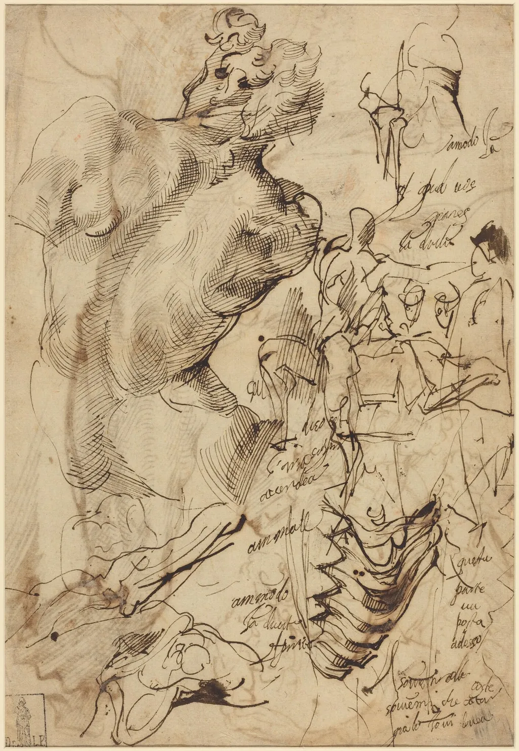 Studies of a Sculpture of a Male Nude, Vertebrae, and Gesturing Figures, by Bartolomeo Passarotti, ink, 1560