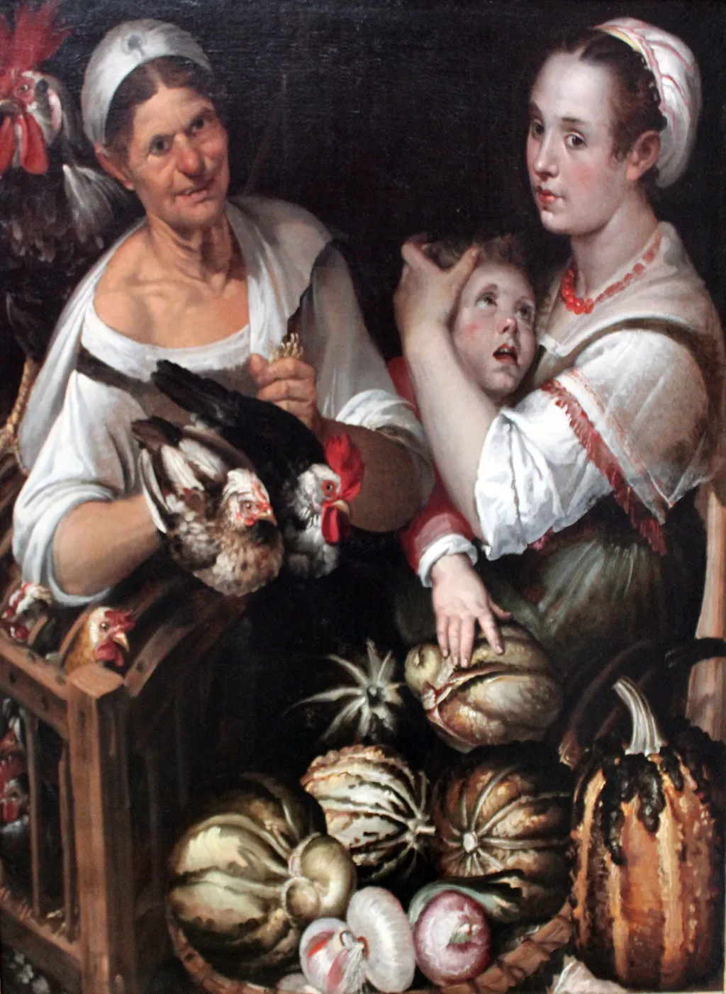Two market women and a boy with chicken and vegetables, by Bartolomeo Passarotti, paint, 1590
