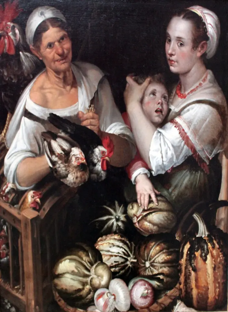 Two market women and a boy with chicken and vegetables, by Bartolomeo Passarotti