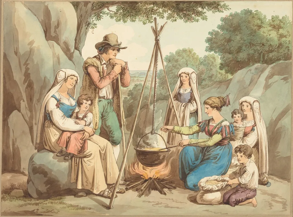 A Peasant Family Cooking over a Campfire, by Bartolomeo Pinelli, graphite, 1808