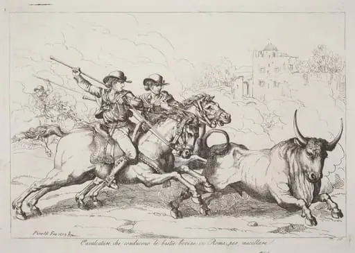 Cavalcature che conducono le bestie bovine in Roma, per macellare (Cattle Driven to the Slaughter in Rome) (Plate 16), by Bartolomeo Pinelli