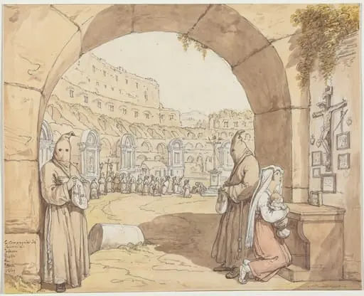 La Compagnia dei sacconi al Colosseo (Penitents Praying at Altars in the Colosseum), by Bartolomeo Pinelli