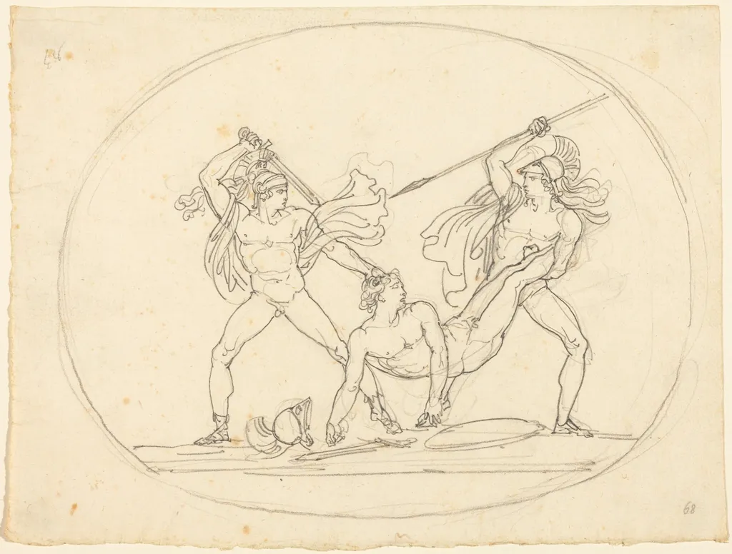 Two Ancient Warriors Fighting over a Dead Comrade, by Bartolomeo Pinelli, graphite, 1808