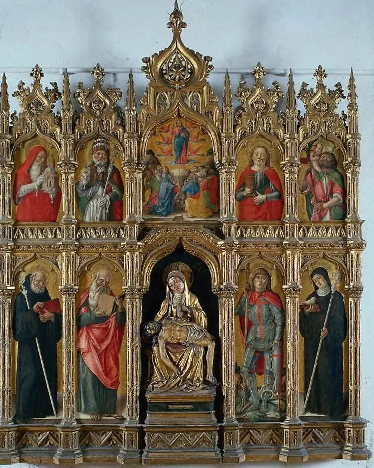 Virgin and the Dead Christ with the Ascension and Saints, by Bartolomeo Vivarini