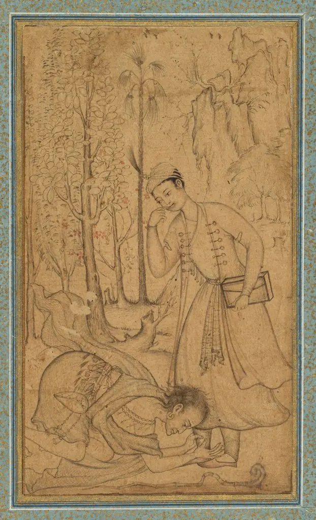 A holy man prostrating himself before a learned prince, by Basawan