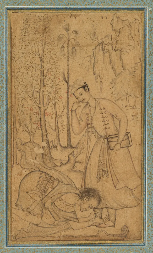 A holy man prostrating himself before a learned prince