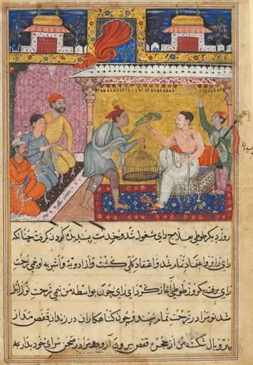 The hunter offers the mother parrot to the king of Kamarupa, from a Tuti-nama (Tales of a Parrot): Fifth Night, by Basawan