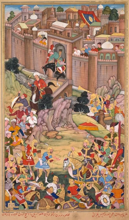 The siege of Arbela in the era of Hulagu Khan, page from a Chingiz-nama (Book of Chingiz Khan) of the Jami al-tavarikh (Compendium of Chronicles) of Rashid al-Din (Persian,1247–1318), by Basawan, unspecified, 1596