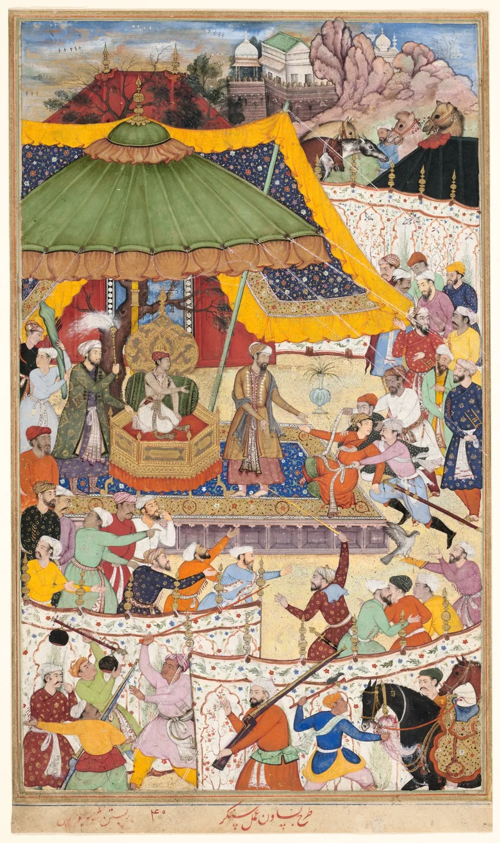 The Young Emperor Akbar Arrests the Insolent Shah Abu’l-Maali, Page from a Manuscript of the Akbarnama, by Basawan, watercolor, 1590