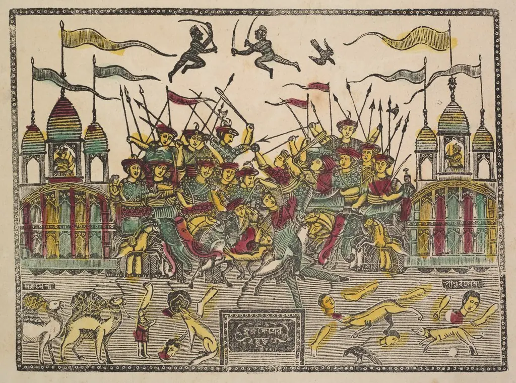 Battle Scene at Kurukshetra from the Mahabharata War (verso), from a Kalighat album, 1896