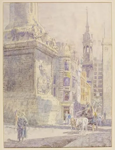 Fish Street Hill, E.C.3; showing the base of the Monument, and the steeple of St.Magnus the Martyr, by Bayes