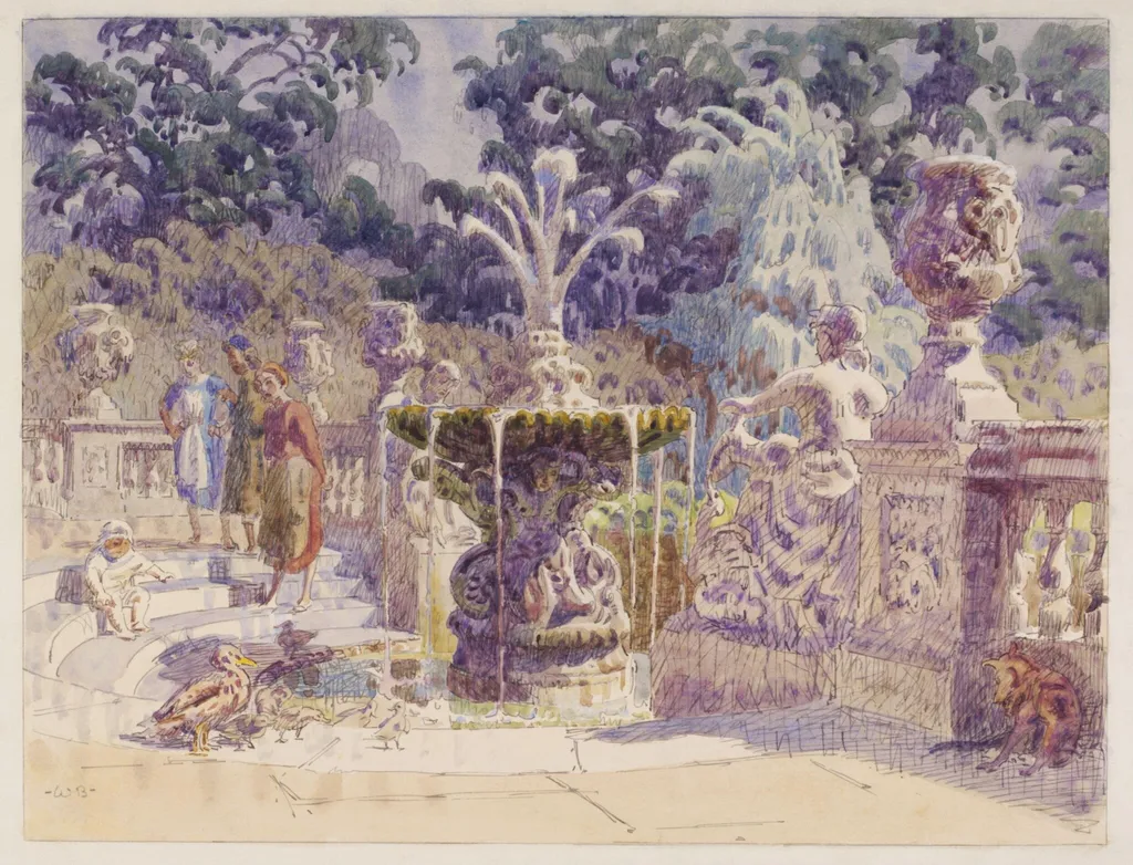 Fountain in Kensington Gardens, by Bayes, watercolor, 1940