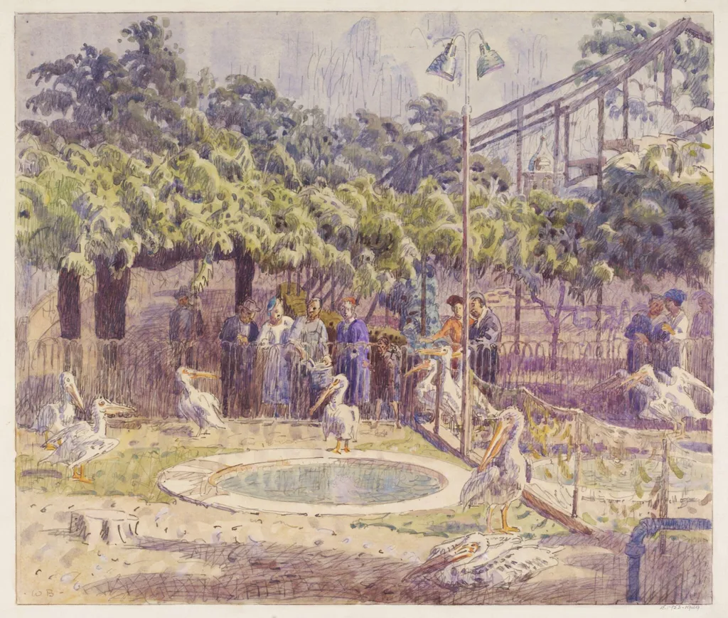 Pelican Ponds, Zoological Gardens, by Bayes, watercolor, 1940